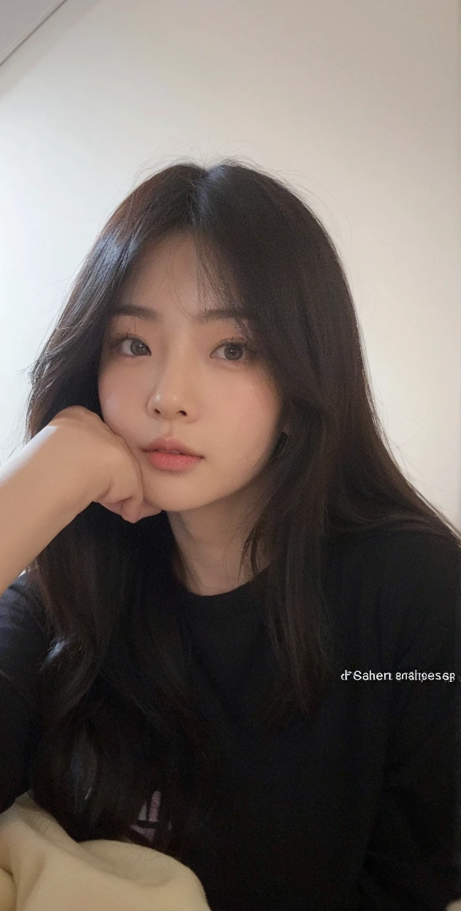 a korean woman wearing black tshirt taking a selfie with cute pose, real image