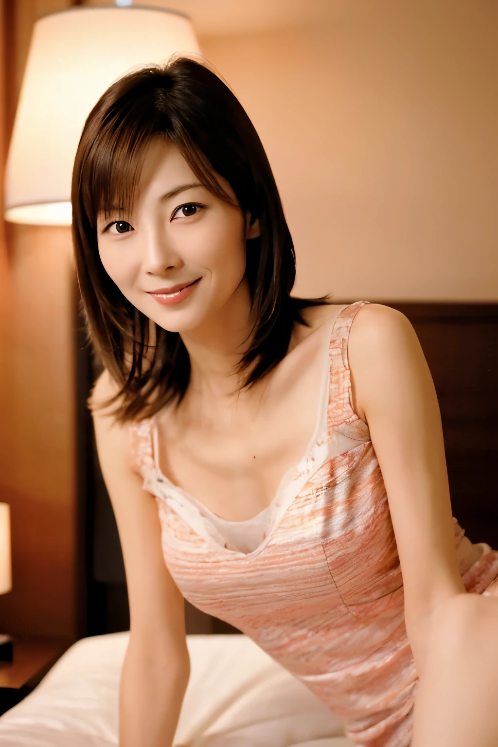 masterpiece, Best quality, Skinny Japanese woman, 40 years old, sexy nightwear, on the bed in a hotel room, correct body structure, slight smile, perfect face, detailed face, detailed eyes