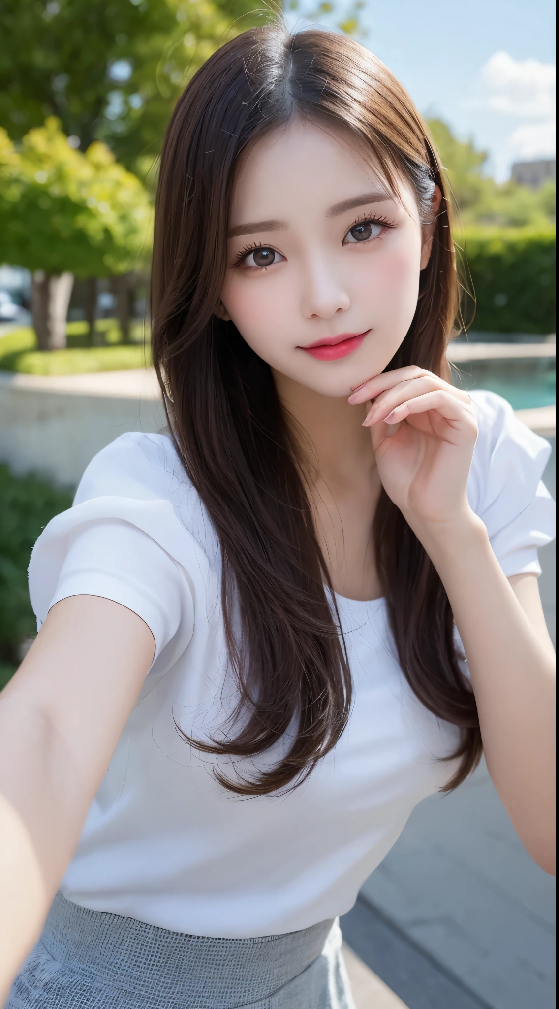 Tabletop, Highest quality, shape, Very detailed, finely, High resolution, 8k wallpaper, 完璧なダイナミックな構shape, Beautiful and exquisite, Nice spring clothes,Beautiful straight hair,Small breasts,Natural color lip, 20-year-old girl、cute、Always blur the background,Perfect and beautiful face,Beautiful and dense face、Slim face and figure,Big eyes、Putting on gal makeup,Actual Photos(Best image quality)、Sexy Face、Fashion model posing、Full Body Shot、smile、Change pose randomly、Randomly change the shooting angle and position、Summer Fashion、Look up at the sky