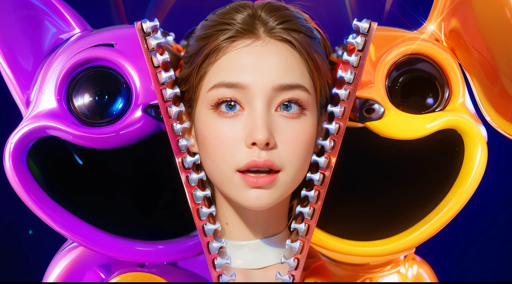 3d style, simplified design, 3d render, glossy texture, smooth 3d model, multiple light sources, rim light, sharp post effects render, (glossy plastic texture with multiple big light probe refractions), perfect cgi, smooth silhouette, high intensity refraction, (super glossy material), most beautiful vfx , blue background, plastic refractions, realistic, 4k, high resolution, rim light, photo shoot, commercial photo, profile shot, 4k, rim light, high resolution, 4k, glossy texture, smooth 3d model, multiple light sources, rim light, sharp post effects render, (glossy metallic texture with multiple big light probe refractions), perfect cgi, cgi art created only with gradients, smooth silhouette, high intensity refraction, (super glossy chrome material), most beautiful vfx, blue background, chrome metal refractions, multiple light sources, rim light, sharp post effects render, perfect cgi, digital art, detailed digital art, reflective, best quality, 4k, masterpiece:1.2, ultra-detailed, realistic, vivid colors, dark and moody lighting, The image of the highest quality, ensuring every detail is showcased perfectly. It in 4k resolution, allowing viewers to immerse themselves in the richness of the colors and intricate details. The realistic rendering. under the spotlight, reflecting, high-resolution image, realistic rendering, dark background, and rim light photorealistic The image features three characters standing in front of three houses. The characters are a red-haired mermaid, a purple cat, and an orange dog. They are each holding a yellow maraca