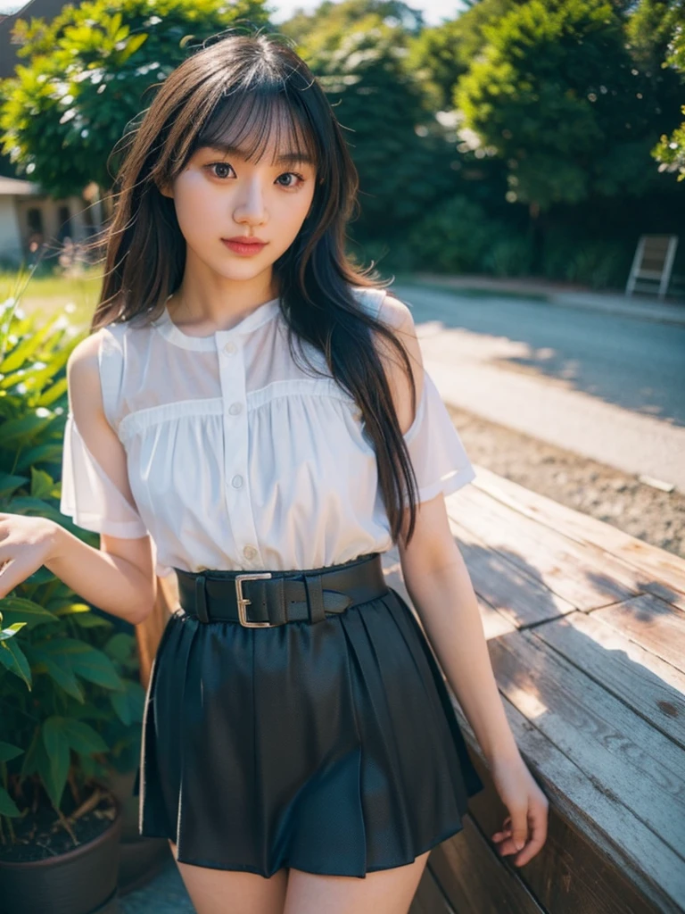 1girl, woman, fashion photography, front view, Full shot: Canon EF 16-35mm f/2.8L III USM lens on a Canon EOS 5D Mark IV camera, Hazy: Canon EOS R6 camera with a Canon RF 24-105mm f/4L IS USM lens, Morning: Fujifilm X-T4 camera with a Fujinon XF 16-55mm f/2.8 R LM WR lens, Adventure/Action: GoPro HERO10 Black, dress, short skirt, beautiful thigh, photorealistic, perfect details, ultra realism, 4k, portrait.