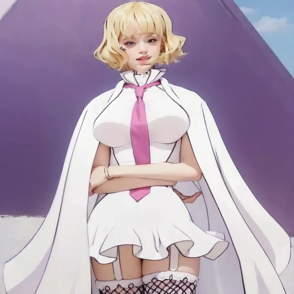 girl, blond hair, white skirt, white cloak, pink tie, pink lipstick on lips