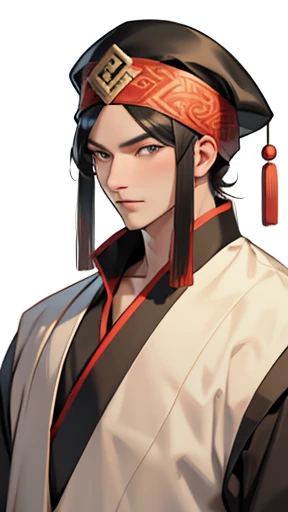 ((ancient chinese hairstyle men))、A man in ancient Chinese costume wearing a large white beret loosely covering his head like a turban