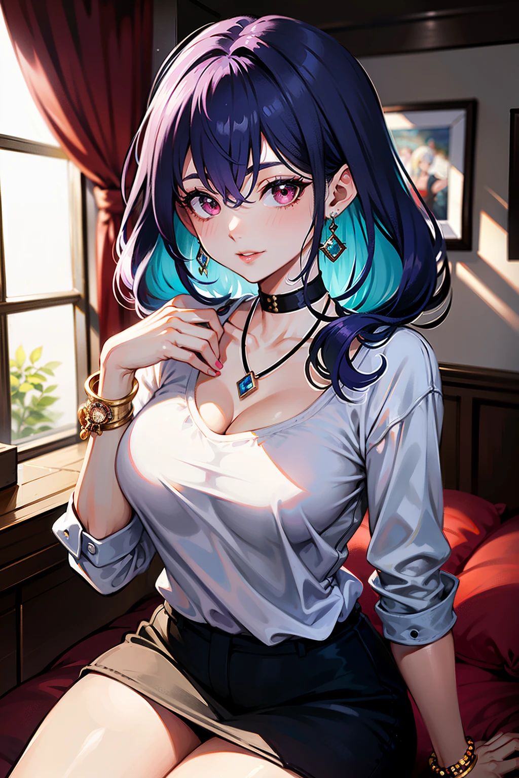 masterpiece, best quality, highly detailed, 1girl, solo, perfect anatomy, slim, red eyes, blue hair, bangs, purple hair, hair between eyes, multicolored hair, gradient hair, pink lips, thick thighs , edgCT, blouse, wearing edgCT, chic top, sweet smile, detailed background, indoor, sitting, sexy, sunglasses, skirt, earrings, necklace, bracelet