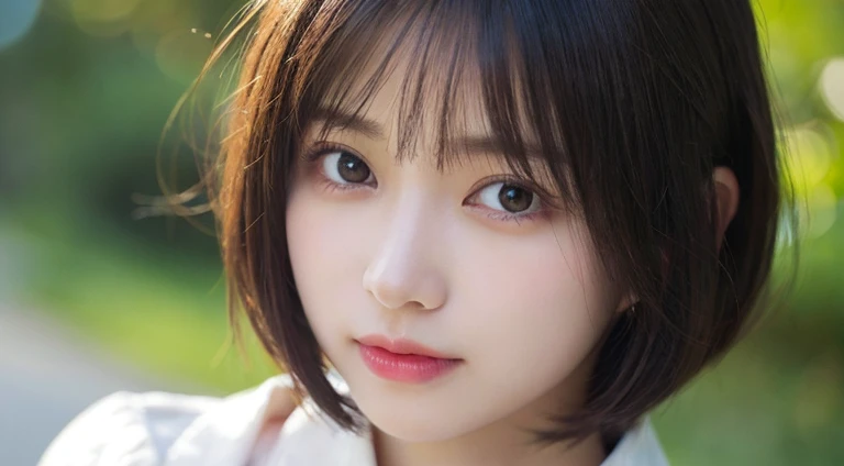 (Bob Cut Hair:1.2),(Wearing a blouse:1.2),1 girl,Japanese,21 years old,(Small breasts:1.3),(Highest quality,masterpiece:1.3,超A high resolution,),(Ultra-detailed,Caustics),(Photorealistic:1.4,RAW shooting,)Ultra-Realistic Capture,Very detailed,High resolution 16K human skin close-up。 Natural skin texture、,Pores、、It needs to be detailed enough to be easily identifiable。 Skin should be even-toned and healthy looking。 Use natural light and colour, Sad expression, Looking at the camera, Perfect dynamic composition, Outdoor