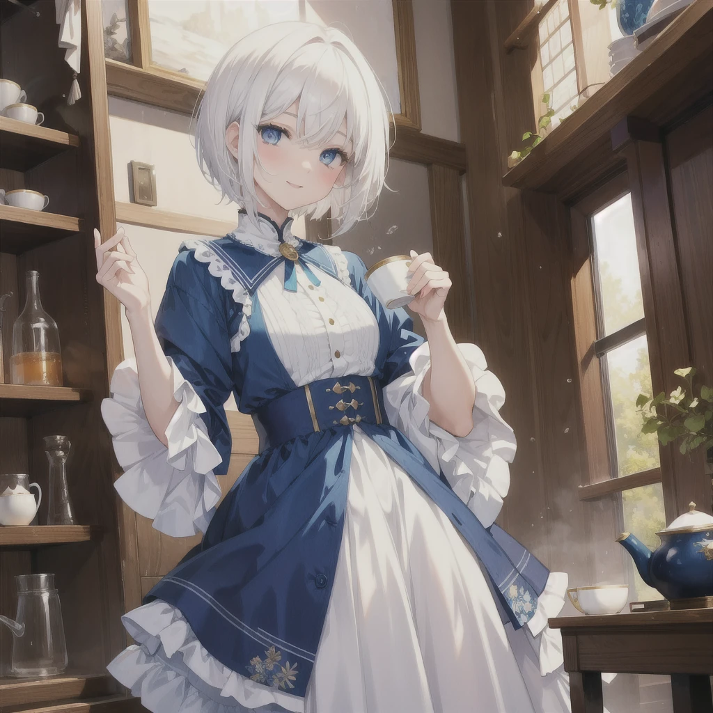 (masterpiece, Highest quality:1.2), One Girl, alone (((White Hair Short Hair blue eyes))) ((Noble clothes Drinking tea)) (smile)