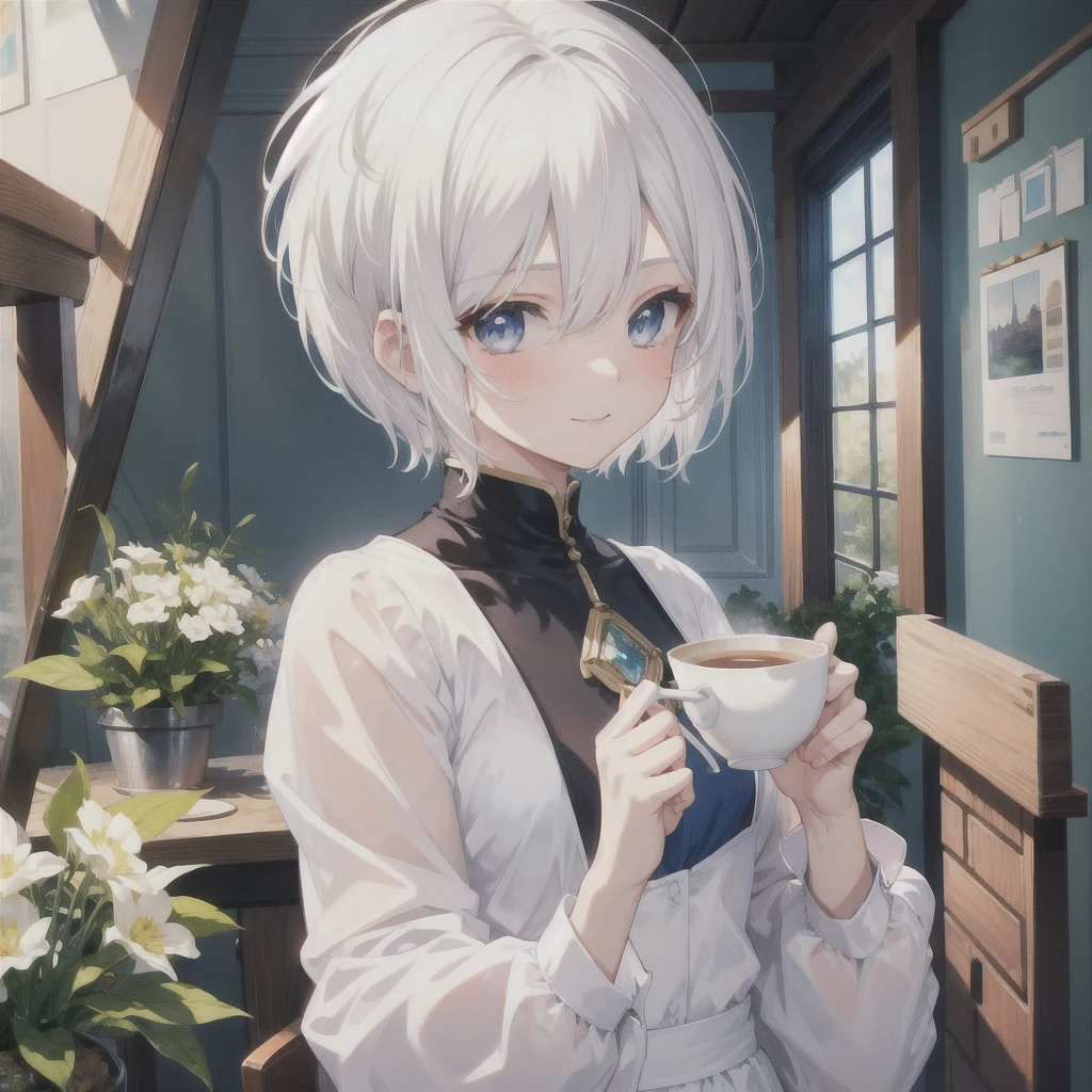 (masterpiece, Highest quality:1.2), One Girl, alone　(((White Hair　Short Hair　blue eyes)))　((Noble clothes　Drinking tea))　(smile)