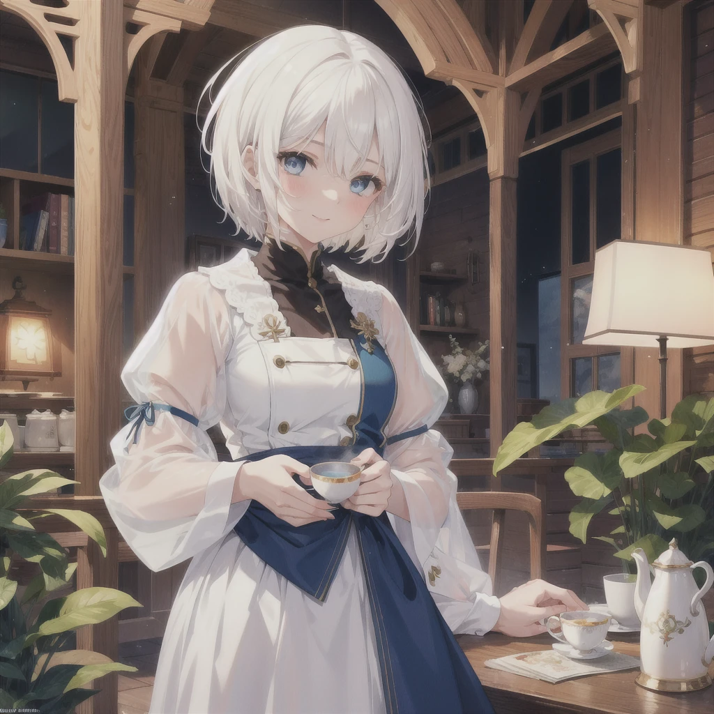 (masterpiece, Highest quality:1.2), One Girl, alone　(((White Hair　Short Hair　blue eyes)))　((Noble clothes　Drinking tea))　(smile)
