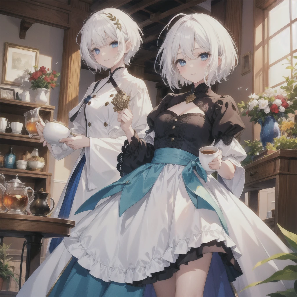 (masterpiece, Highest quality:1.2), One Girl, alone　(((White Hair　Short Hair　blue eyes)))　((Noble clothes　Drinking tea))　(smile)