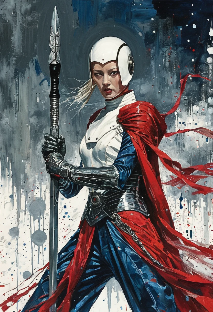 perfect proportions, anatomically correct, (head to toe: 2.0), (full body image: 2.0), solo, (Casshern: 1.6), extremely stylized, deviant art, masterpiece, highly detailed, detailed eyes, expressive detailed eyes, detailed pupils, futuristic, ((1950s scifi helmet)), ((pointy helmet)), Rubber Gloss, (red flightsuit:1.4), white boots, entire body image, full body shot, nvinkpunk, professional photograph of alexander_skarsgard, tassles, large beads, large tassels, navy blue and white, cyberpunk, inkpunk, paint platter, ink splatter, (action pose:1.0), ((holding a two pronged spear)),xianxia,female swordman