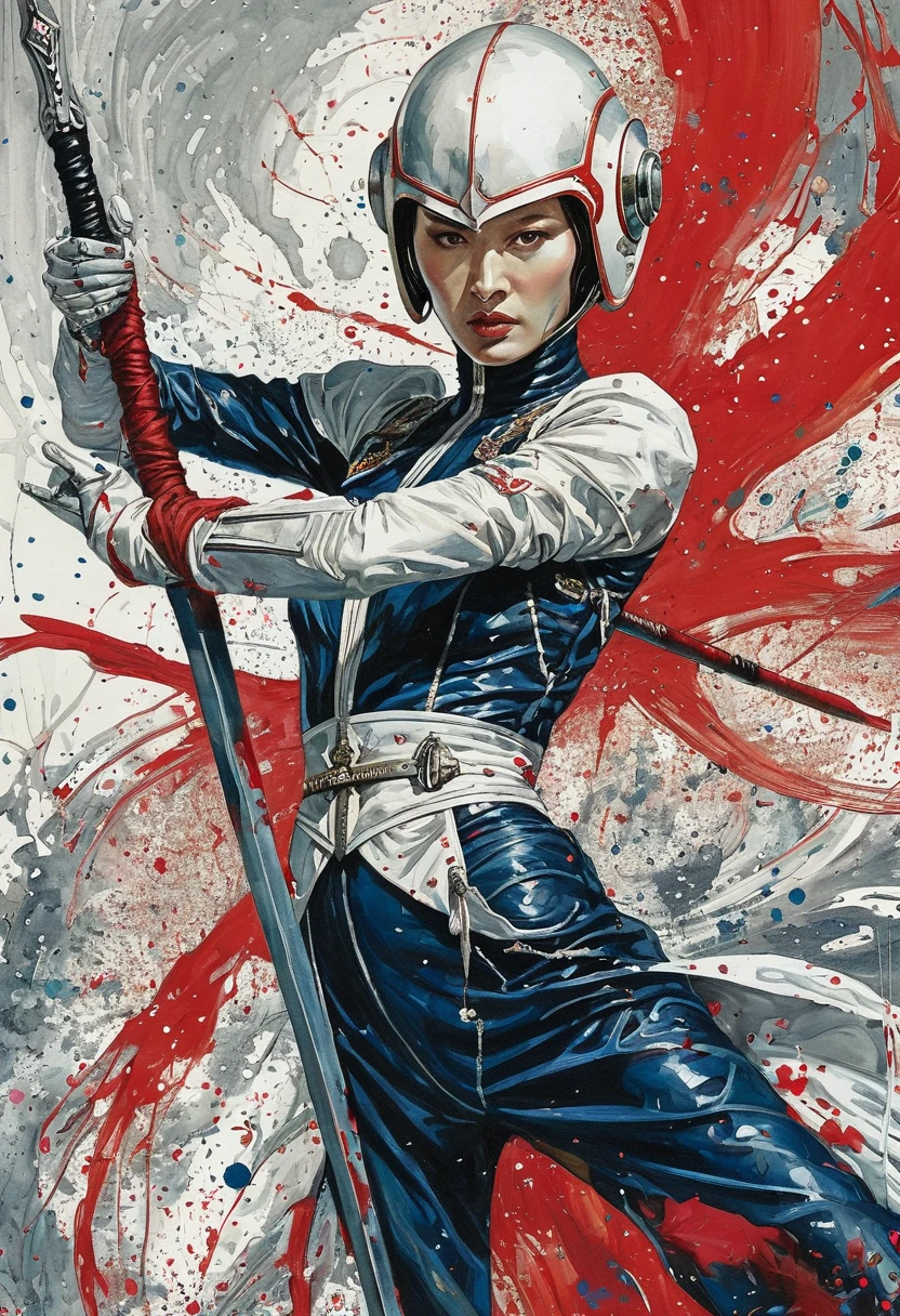perfect proportions, anatomically correct, (head to toe: 2.0), (full body image: 2.0), solo, (Casshern: 1.6), extremely stylized, deviant art, masterpiece, highly detailed, detailed eyes, expressive detailed eyes, detailed pupils, futuristic, ((1950s scifi helmet)), ((pointy helmet)), Rubber Gloss, (red flightsuit:1.4), white boots, entire body image, full body shot, nvinkpunk, professional photograph of alexander_skarsgard, tassles, large beads, large tassels, navy blue and white, cyberpunk, inkpunk, paint platter, ink splatter, (action pose:1.0), ((holding a two pronged spear)),xianxia,female swordman