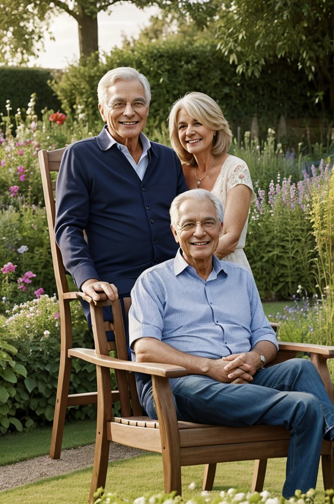 A pair of lover sitting in a long chair in the garden looking to the grandson smile together