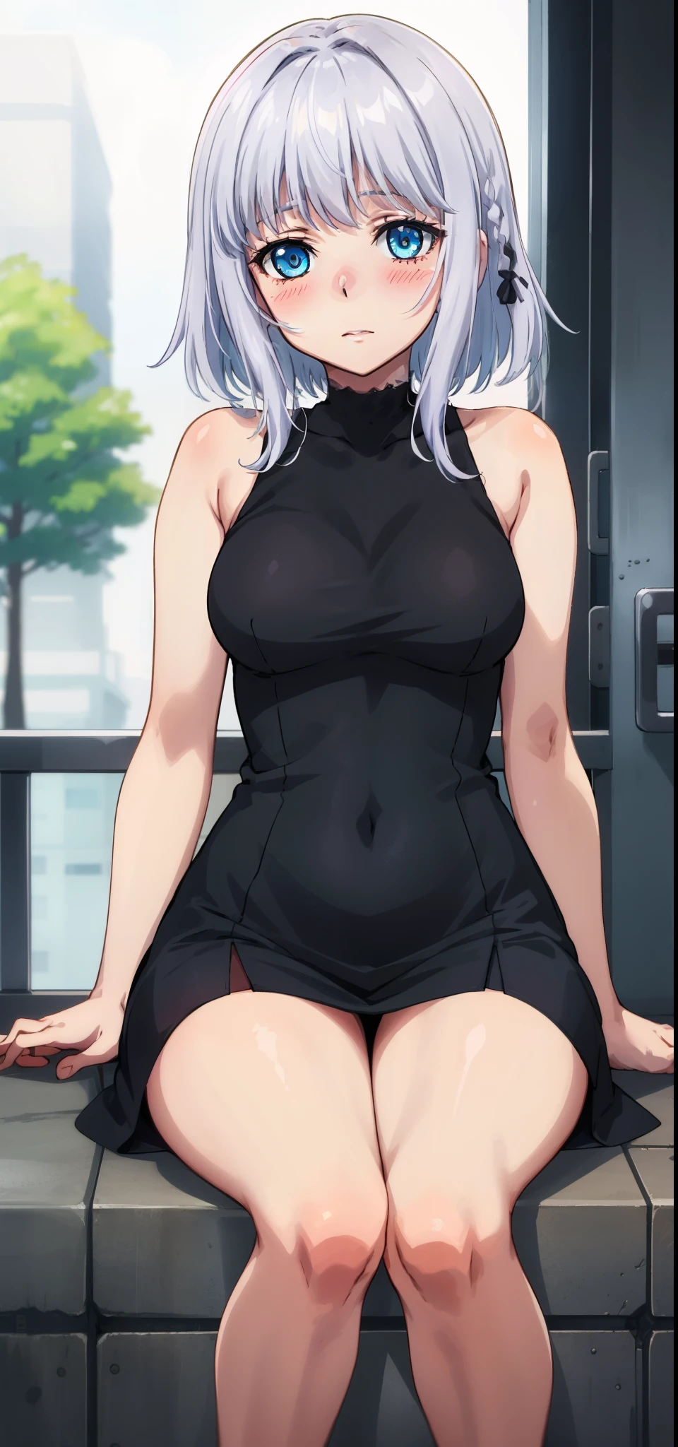 1 girl, kanon kanase, , blush, medium breasts, sleeveless,(((stylish dress))), sitting, 20-year-old, healthy skin.