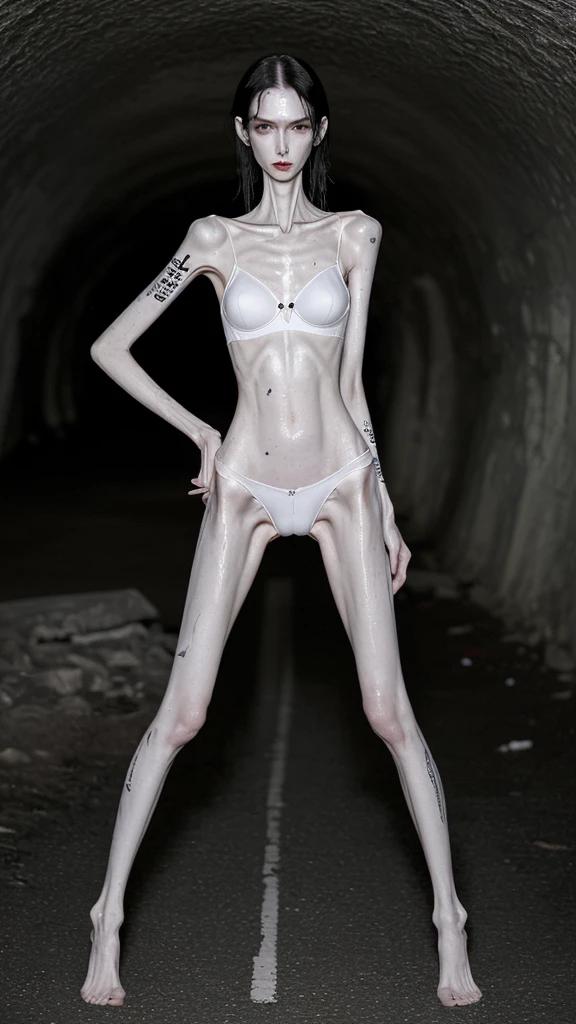 a woman, very thin body, body visible bones, very slender, sweaty wet body, pale white skin, panties, bra,tatto, full body, has a mental breakdown in an underground prison,