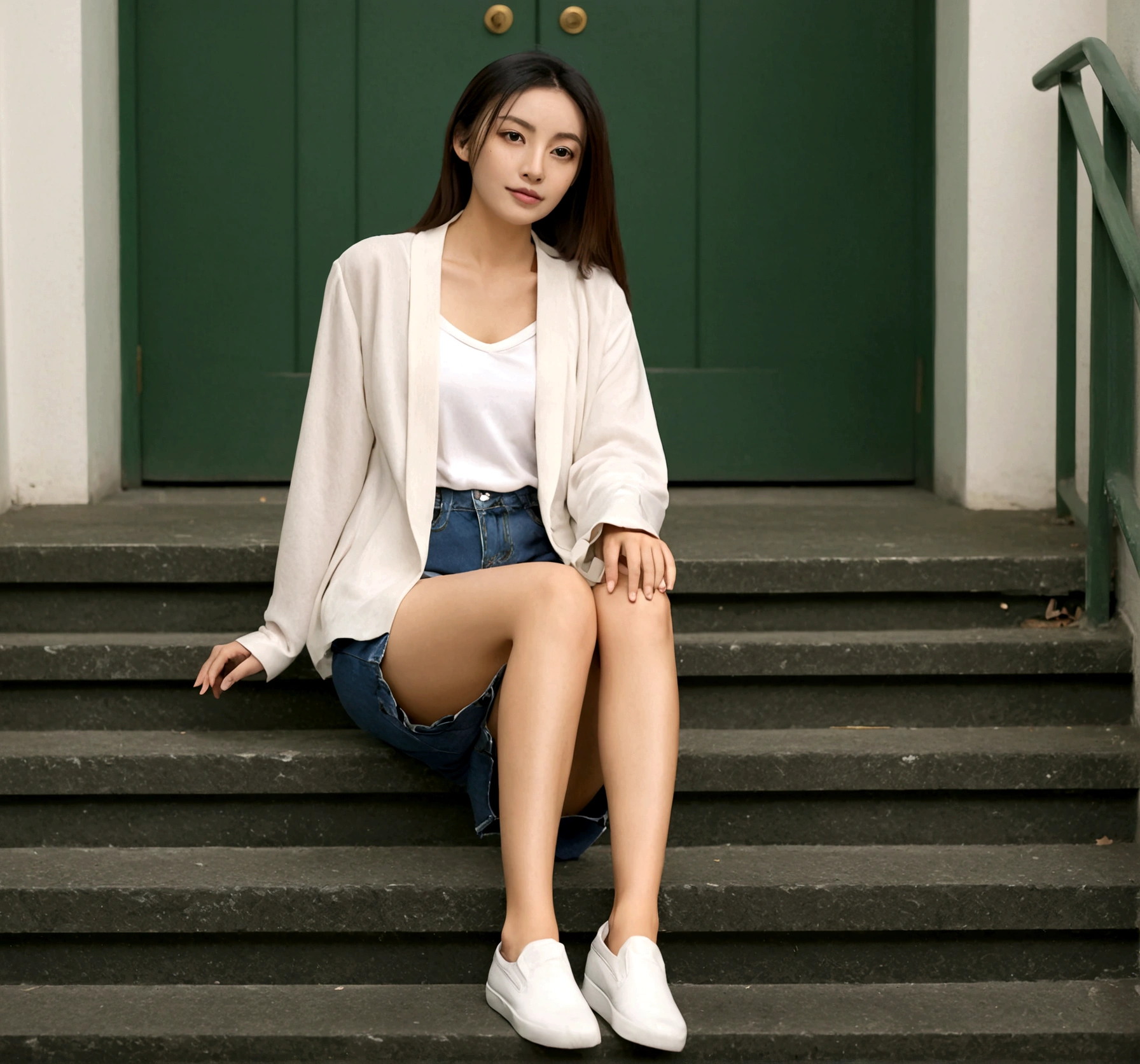solo woman sitting on steps with her legs spread,exposed thighs, in shorts, her tiny hands are on her thighs, booty shorts, legs sprea