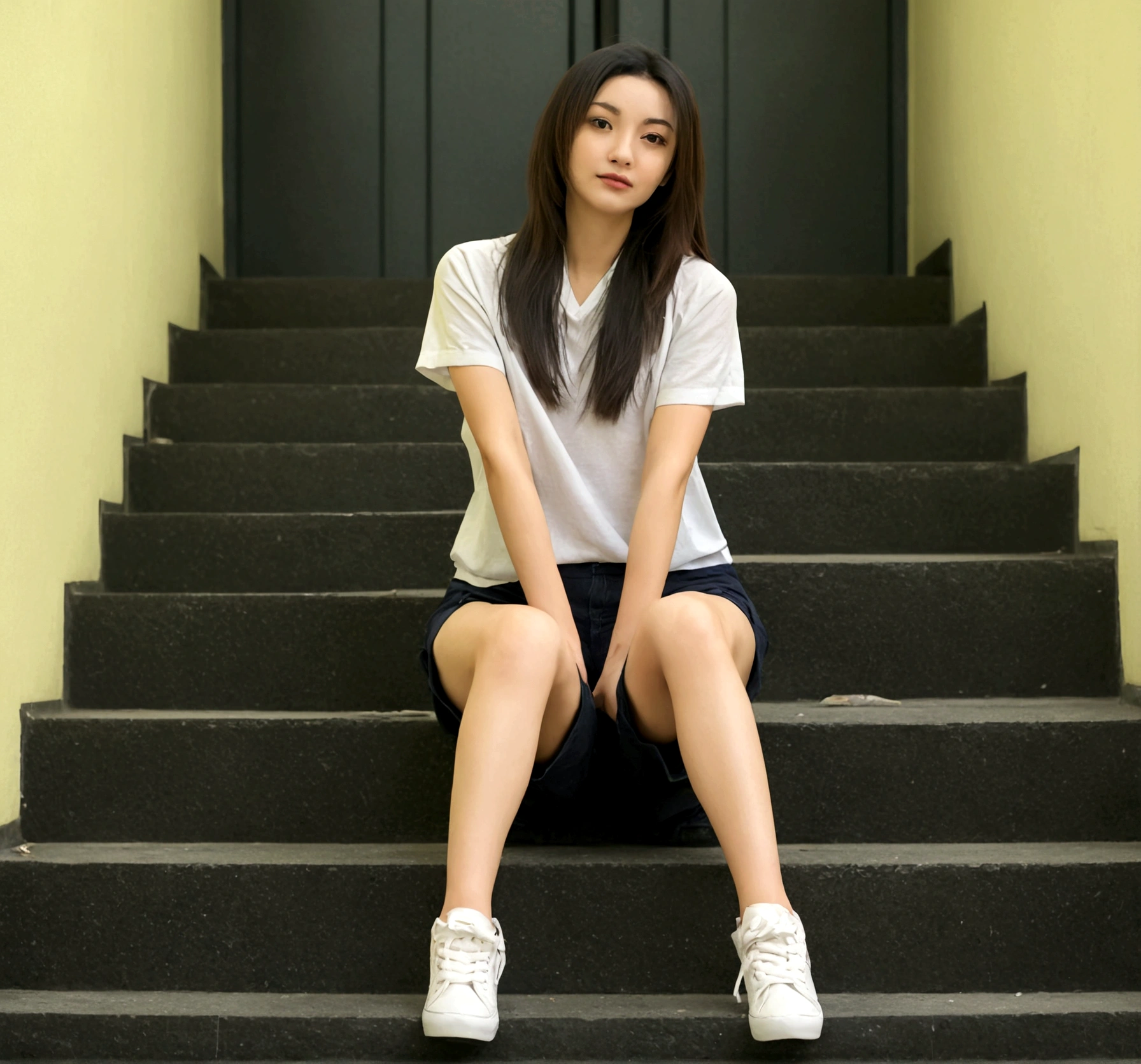 solo woman sitting on steps with her legs spread,exposed thighs, in shorts, her tiny hands are on her thighs, booty shorts, legs sprea