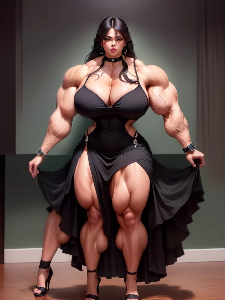 arafa woman posing in a black dress and high heels with a watch in the background, Very beauthful. big muscles, exaggeratedly large physique, huge muscles, huge muscles, muscular girl, muscular ultraviolent woman, big muscles, big muscles, feminine and muscular, powerful and huge, strong and imposing, big muscle, exaggerated physique, muscular and scary