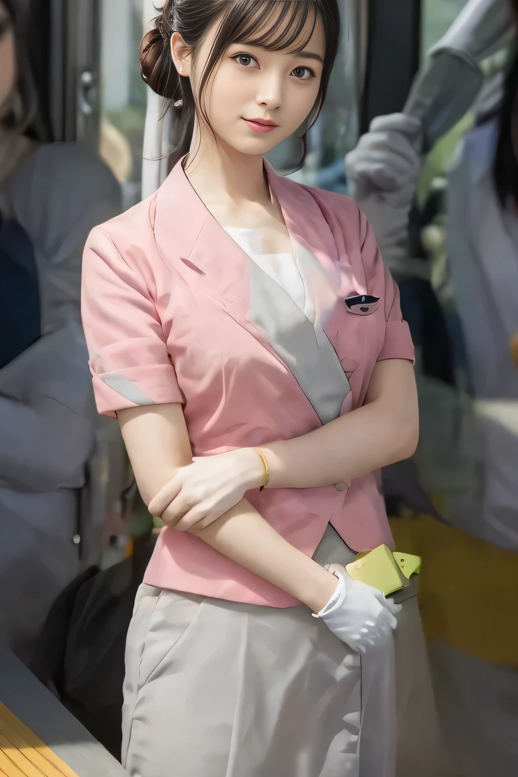 (masterpiece:1.2, Highest quality:1.2), 32k HDR, High resolution, (alone、1 girl)、（On the rooftop of a building in the daytime、Professional Lighting）、Building rooftop background、（Nankai train crew uniform pinkを着たリアルスタイル）、（Nankai train crew uniform pink short sleeve collarless pink jacket、Nankai Train Crew Uniform Pink Collarless Short Sleeve Blouse、Nankai Train Crew Uniform Pink Grey Knee-length Culottes）、（（The bottom of the pink short-sleeved jacket cannot be tucked into the clay-colored culottes.））、Dark brown hair、（Hair tied up、Hair Bun、Hair Bun）、Dark brown hair、Long Shot、Big Breasts、Thin legs、（（Great hands：2.0）），（（Harmonious body proportions：1.5）），（（Normal limbs：2.0）），（（Normal finger：2.0）），（（Delicate eyes：2.0）），（（Normal eyes：2.0））)、（Nankai Train Crew Uniform Pink Grey Knee-length Culottesを見せた美しい立ち姿）、smile