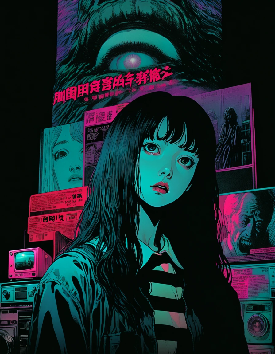 illust、art、from 80s horror movie, directed by Junji Ito、Statue of Anxiety、high detail, realsitic shadow、Analog style, vhs style, 8mm film, chromatic aberration, Dvd screengrab、Surrealism