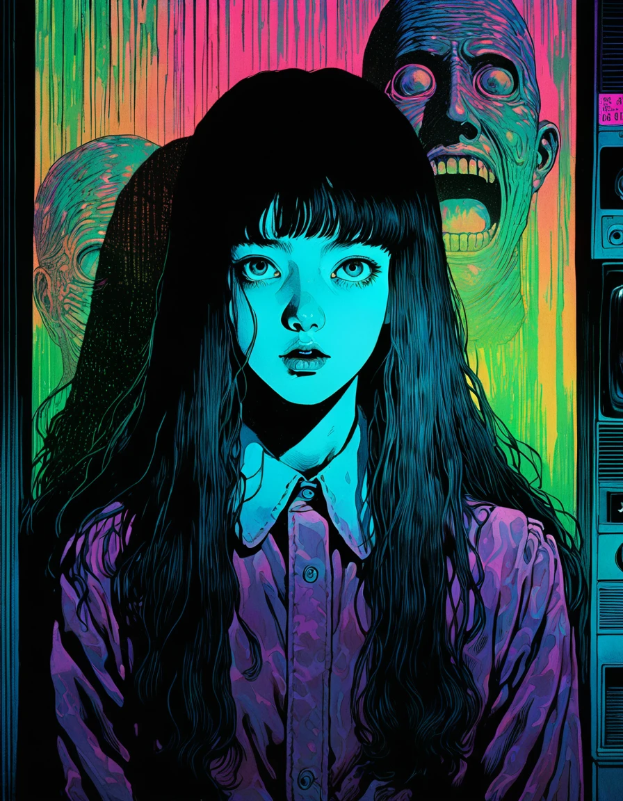 illust、art、from 80s horror movie, directed by Junji Ito、Statue of Anxiety、high detail, realsitic shadow、Analog style, vhs style, 8mm film, chromatic aberration, Dvd screengrab、Surrealism