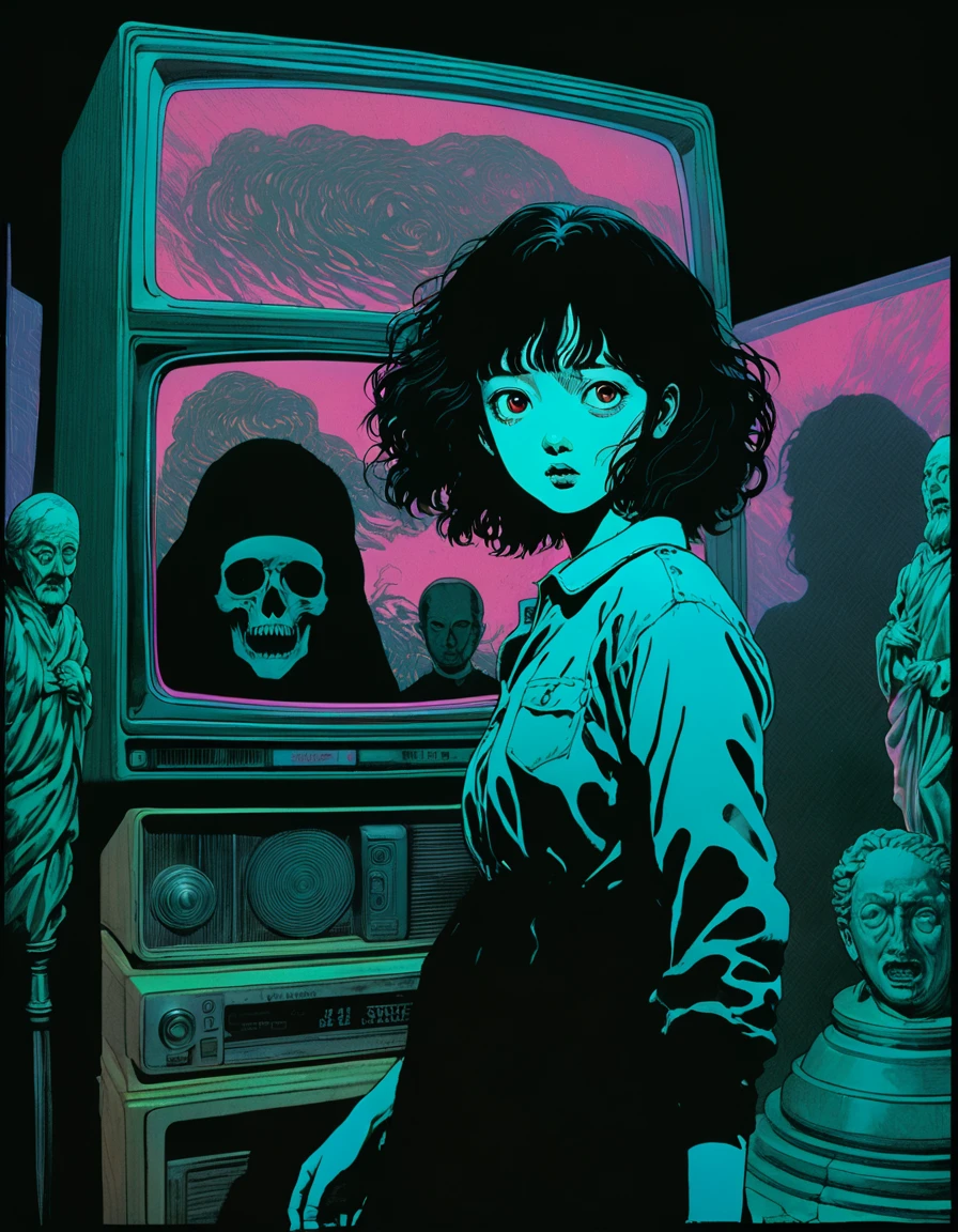 An illustration、art、70s horror movie posters, Inuki Kanako、Attention to detail, Analog Style, chromatic aberration, Surrealism、Complementary Gradient、Pitch black eyes、Middle-aged men、mirror、