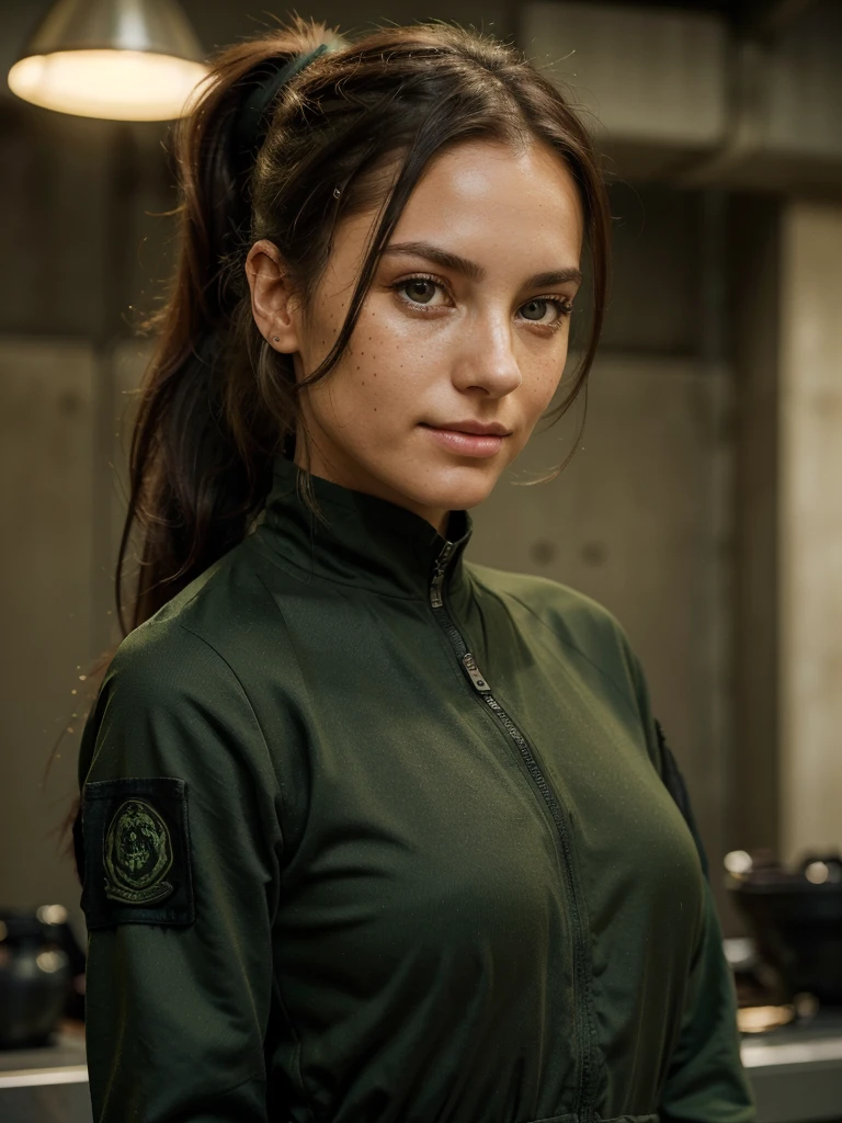 Photorealistic portrait of a 27-year-old French woman with long, wild, wispy black hair and stunning green eyes. The hair is styled in a high, elegant ponytail. Her skin should be natural and freckled. She should have a natural, approachable expression and be lit by a soft, golden light. She should smile. The background should be a military camp. Capture this image with high-resolution 4K photography using an 85mm lens for a flattering perspective. She's wearing green and black tactical clothing.