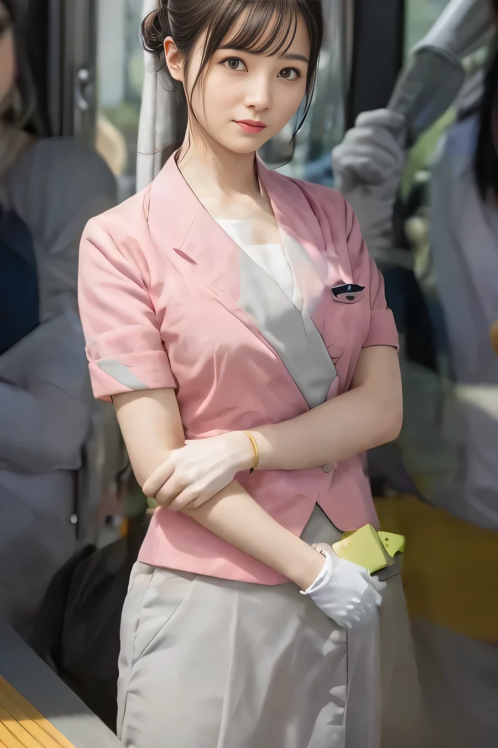 (masterpiece:1.2, Highest quality:1.2), 32k HDR, High resolution, (alone、1 girl)、(On the rooftop of a building in the daytime、Professional Lighting)、Building rooftop background、(Nankai train crew uniform pinkを着たリアルスタイル)、(Nankai train crew uniform pink short sleeve collarless pink jacket、Nankai Train Crew Uniform Pink Collarless Short Sleeve Blouse、Nankai Train Crew Uniform Pink Grey Knee-length Culottes)、((The bottom of the pink short-sleeved jacket cannot be tucked into the clay-colored culottes.))、Dark brown hair、(Hair tied up、Hair Bun、Hair Bun)、Dark brown hair、Long Shot、Big Breasts、Thin legs、((Great hands:2.0)),((Harmonious body proportions:1.5)),((Normal limbs:2.0)),((Normal finger:2.0)),((Delicate eyes:2.0)),((Normal eyes:2.0)))、(Nankai Train Crew Uniform Pink Grey Knee-length Culottesを見せた美しい立ち姿)、smile