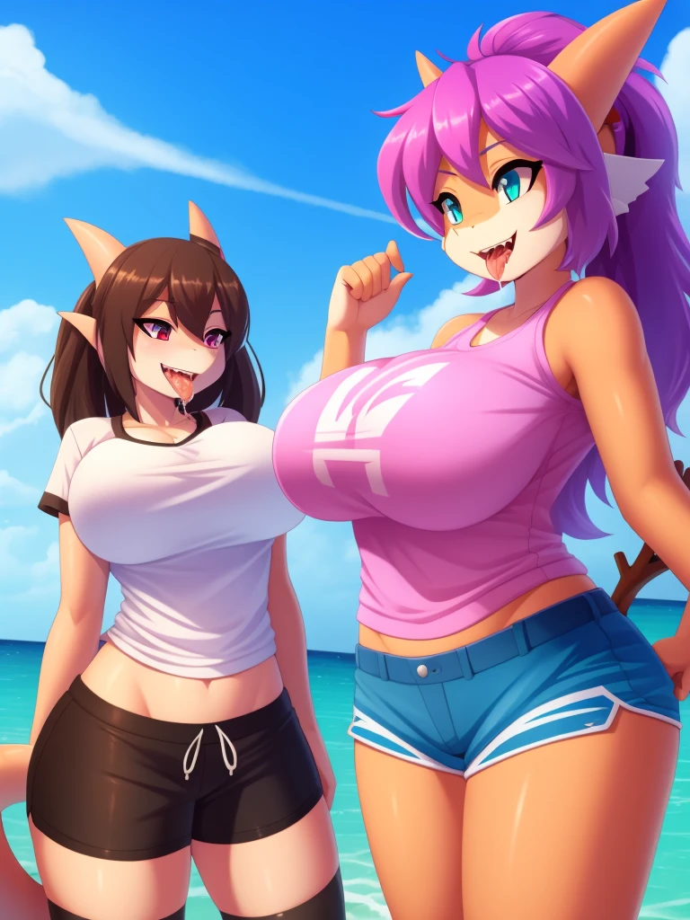 Shark girl, very sexy, big breasts, Wearing a short white sports shirt and shorts, Stick out your tongue and drool.