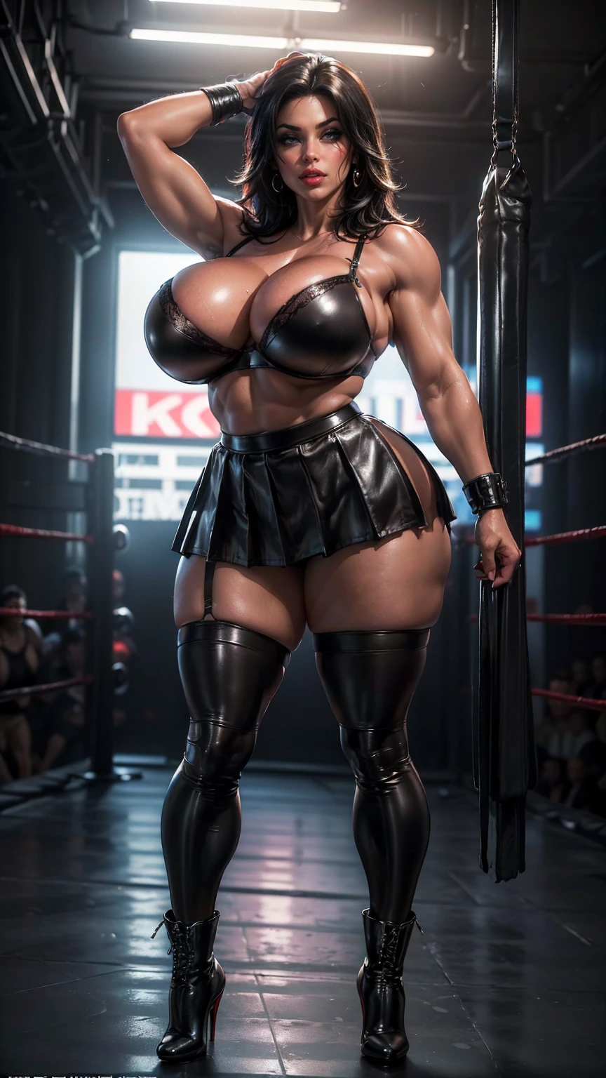 (best quality,highres:1.2), (ultra-detailed), (realistic:1.37), (HDR,UHD), (physically-based rendering), (busty mature muscular Denise Milani), ((black leather pleated skirt:1.3)), ((black leather bra:1.3)), ((short stiletto-heeled combat boots)), (stylish jet-black hair), ((firm breasts, deep cleavage, perfectly round breasts)), ((thicc, thick thighs:1.4)), ((wide calves, thick strong calves:1.5)), (intimidating pose in a boxing ring), (full-body portrait), (vivid colors), (nylon stockings:1.3), (hot red lips, makeup:1.3), sexy fighter, prominent breasts, rock solid breasts, (full body portrait:1.3), big_boltedontits, boltedontits, th3p1t, sakimichan,