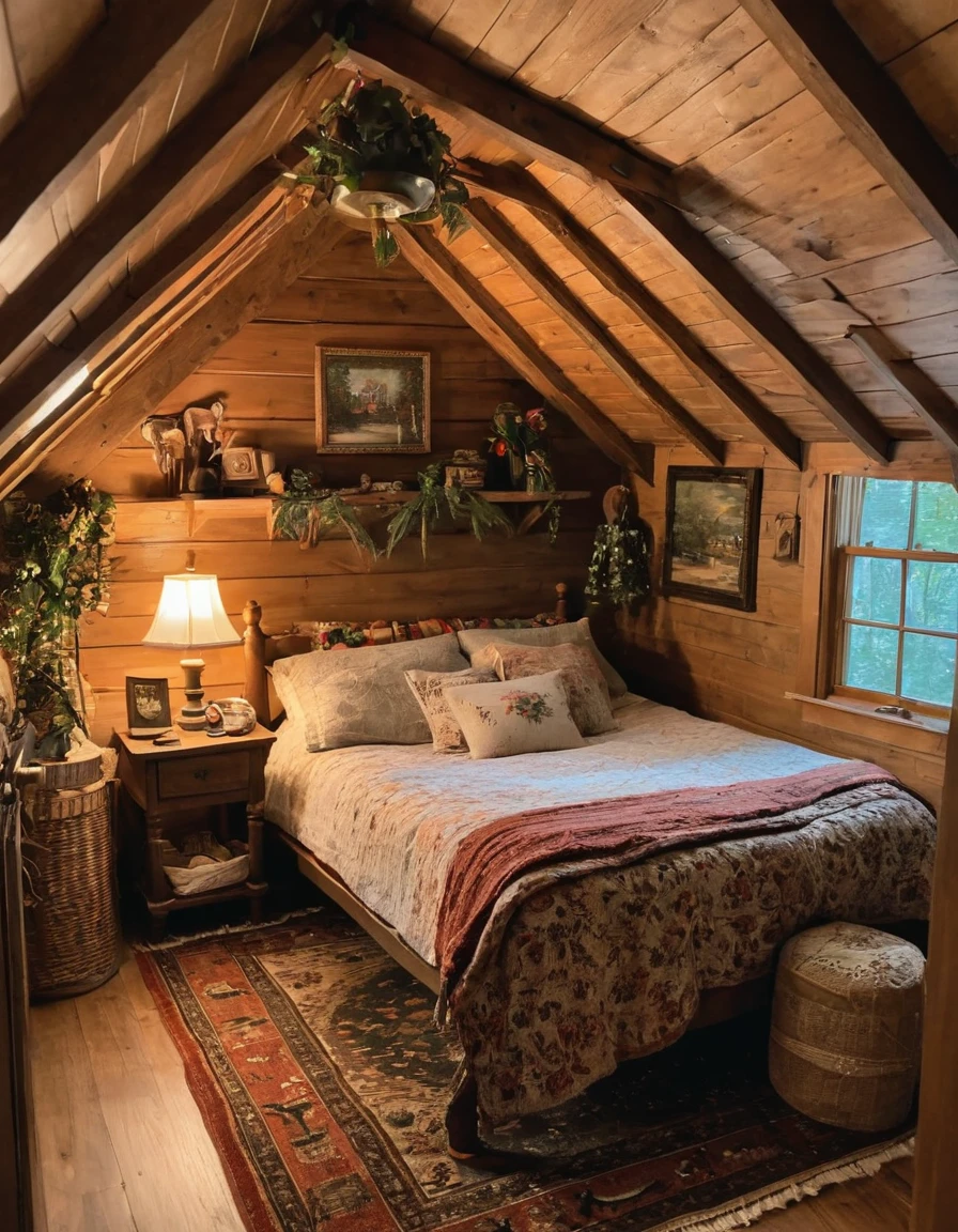 bedroom with a bed and a rug in a small room, cozy room, cozy treehouse bedroom, small bedroom, cozy place, cozy bed, cottagecore hippie, thomas kinkade. cute cozy room, in an attic, cottagecore, cozy and peaceful atmosphere, pleasant cozy atmosphere, cottagecore!!, cabin in the woods