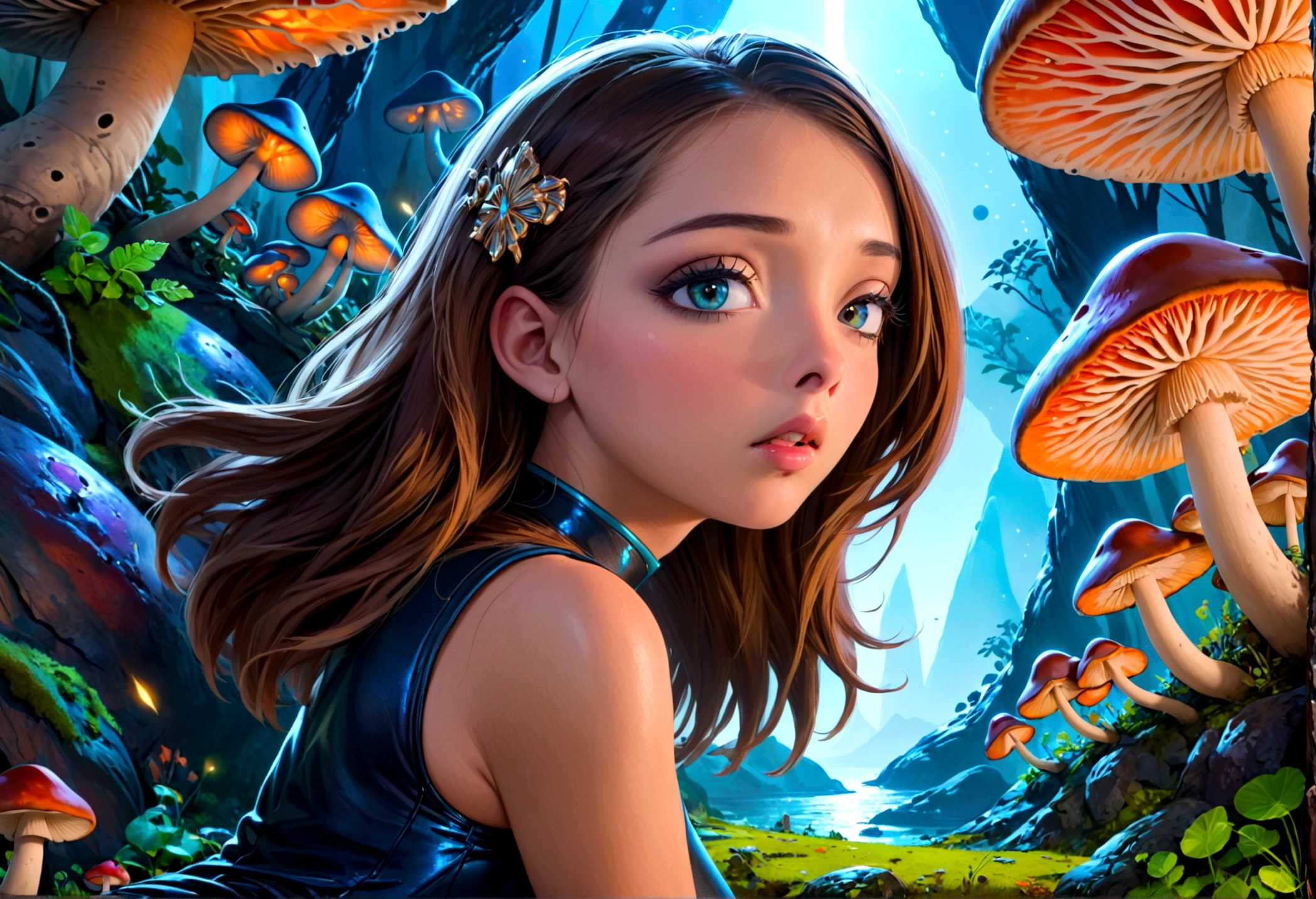 a sexy starfleet explorer woman in a mini dress exploring an alien world, mushroom women inspecting her, beautiful detailed eyes,beautiful detailed lips,extremely detailed eyes and face,longeyeashes,high quality,8k,hyperrealistic,cinematic lighting,sci-fi,vibrant colors,alien landscape,dramatic composition