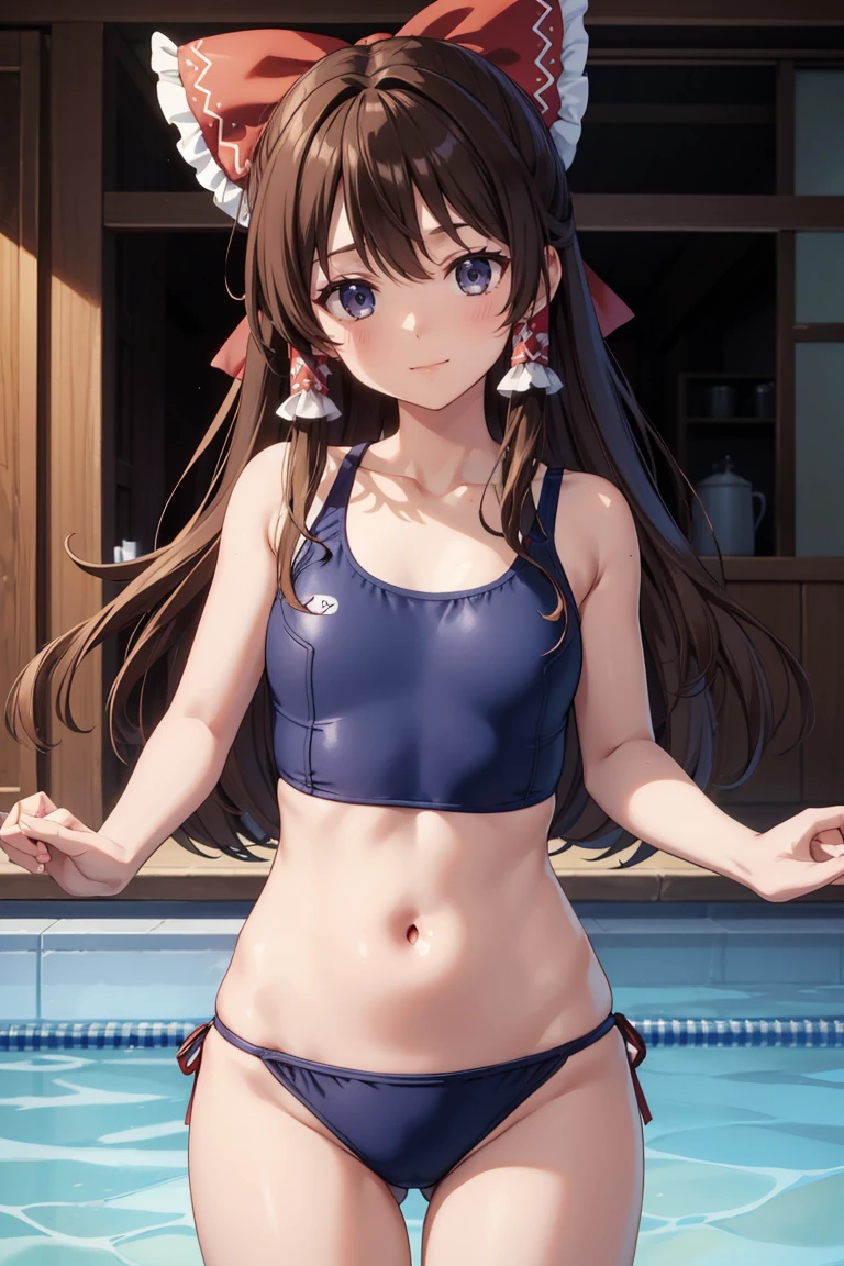 Reimu Hakurei, (Brown eyes:1.5), Brown Hair, bow, hair bow, Hair Tube, Long Hair, red bow, Side Lock, (((Slender body)))、(Navy school swimsuit)、Pool、View your viewers,blush、
Cowboy Shot,Smile Break (masterpiece:1.2), Highest quality, High resolution, unity 8k wallpaper, (figure:0.8), (Beautiful attention to detail), Highly detailed face, Perfect lighting, Highly detailed CG, (Perfect hands, Perfect Anatomy)