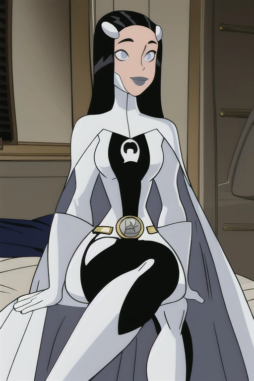 Phantom girl, Tinya Wazzo, solo, girl1, long black hair, bodysuit. grey eyes, smile, grey lips, belt, white cape, white gloves, best quality, masterpiece, cowboy shot, sitting on the room, bedroom