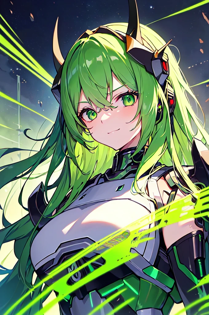 (((masterpiece))), (upper body), 1girl, solo, Green hair, long hair, Green eyes, (slant eyes), science fiction, (mecha musume:1.5), mechanical parts, headgear, doragon mechanical tails, ((mechanical Black dragon Armor)), Evil smile face, (((Energy Monster))), Anime style