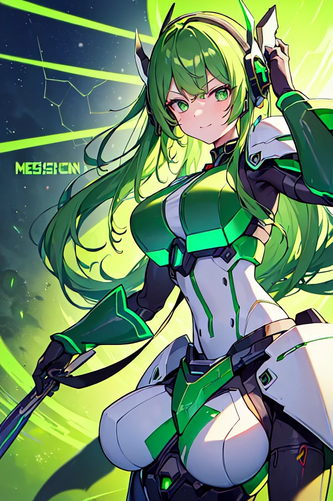 (((masterpiece))), (upper body), 1girl, solo, Green hair, long hair, Green eyes, (slant eyes), science fiction, (mecha musume:1.5), mechanical parts, headgear, doragon mechanical tails, ((mechanical Black dragon Armor)), Evil smile face, (((Energy Monster))), Anime style