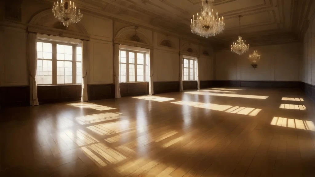 painting of empty dance hall, with bars, wooden floor, chandeliers, by edgar degas painting