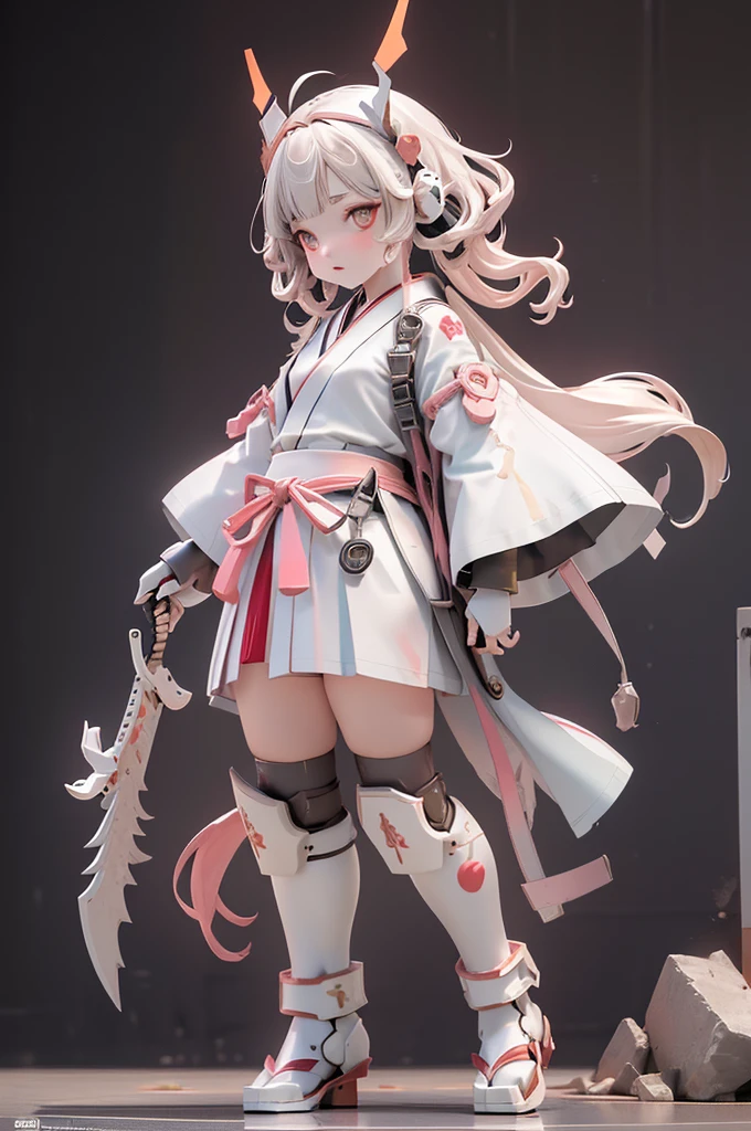 (best quality)), ((masterpiece)), (Very detailed: 1.3), 3d, {(Japanese young girl)}, White Theme, (Wear scarlet hakama:1.2), Wear anime witch costume, (She merged with the future Gundam mecha:1.2), With a tiara, With V-fins , Armor Shoulder,Armor, 腿下有Armor, (Holding a Japanese sword in his right hand:1.2), Multi-layer texture with perfect proportion, Octane Rendering, Two-tone lighting, Low ISO, Large aperture, White Balance, Rule of Thirds, Ultra HD 16k, Human Development Report (High Dynamic Range), Ray Tracing, nvidia RTX, Super Resolution, Subsurface scattering, PBR Textures, Post-Processing, Anisotropic filtering, Depth of Field, Maximum clarity and clarity, High-efficiency -pixel, -pixel convolution, Light Particles, Light Scattering, Tyndall effect, whole body:1.5, Fighting Stance, Lovely, (Lovely:1.2), (Bob Cut:1.3),Weaving, Black Hair, Thick eyebrows, Light-colored iris, Big, bright black eyes, Long eyelashes, Small, pale natural lips, (Average face of Japanese idol), (日本人特有的baby face:1.3), (baby face), Wide forehead:1.2, Plump cheeks, Small chin, Lateral breasts are pronounced, Broken streets, ruined city,Looking at the audience,Focus on the eyes, (Perfect four fingers, 1 thumb),