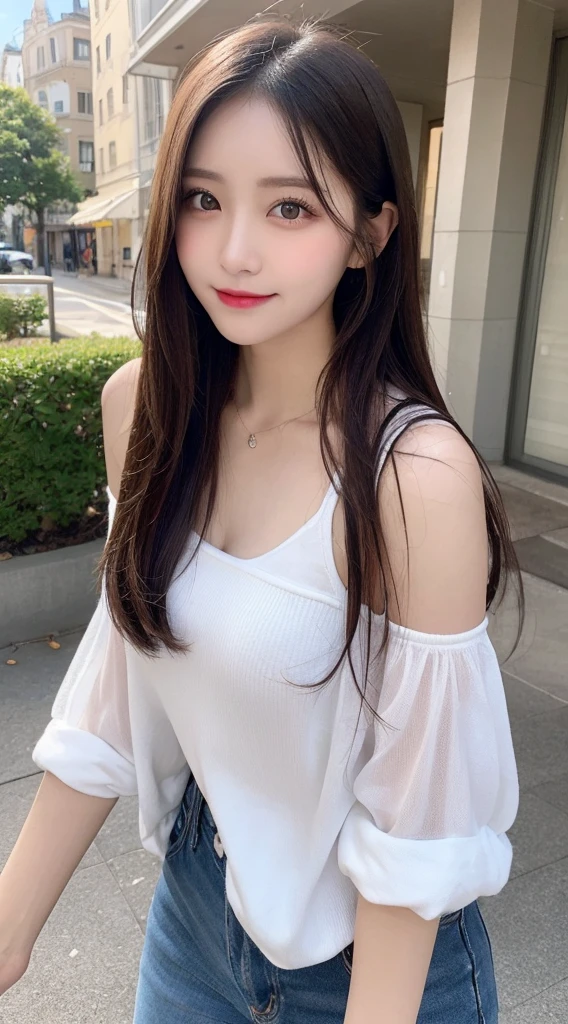 Tabletop, Highest quality, shape, Very detailed, finely, High resolution, 8k wallpaper, 完璧なダイナミックな構shape, Beautiful and exquisite, Nice spring clothes,Beautiful straight hair,Small breasts,Natural color lip, 20-year-old girl、cute、Always blur the background,Perfect and beautiful face,Beautiful and dense face、Slim face and figure,Big eyes、Putting on gal makeup,Actual Photos（Best image quality）、Sexy Face、Fashion model posing、Full Body Shot、smile、Change pose randomly、Randomly change the shooting angle and position、Summer Fashion、Look up at the sky