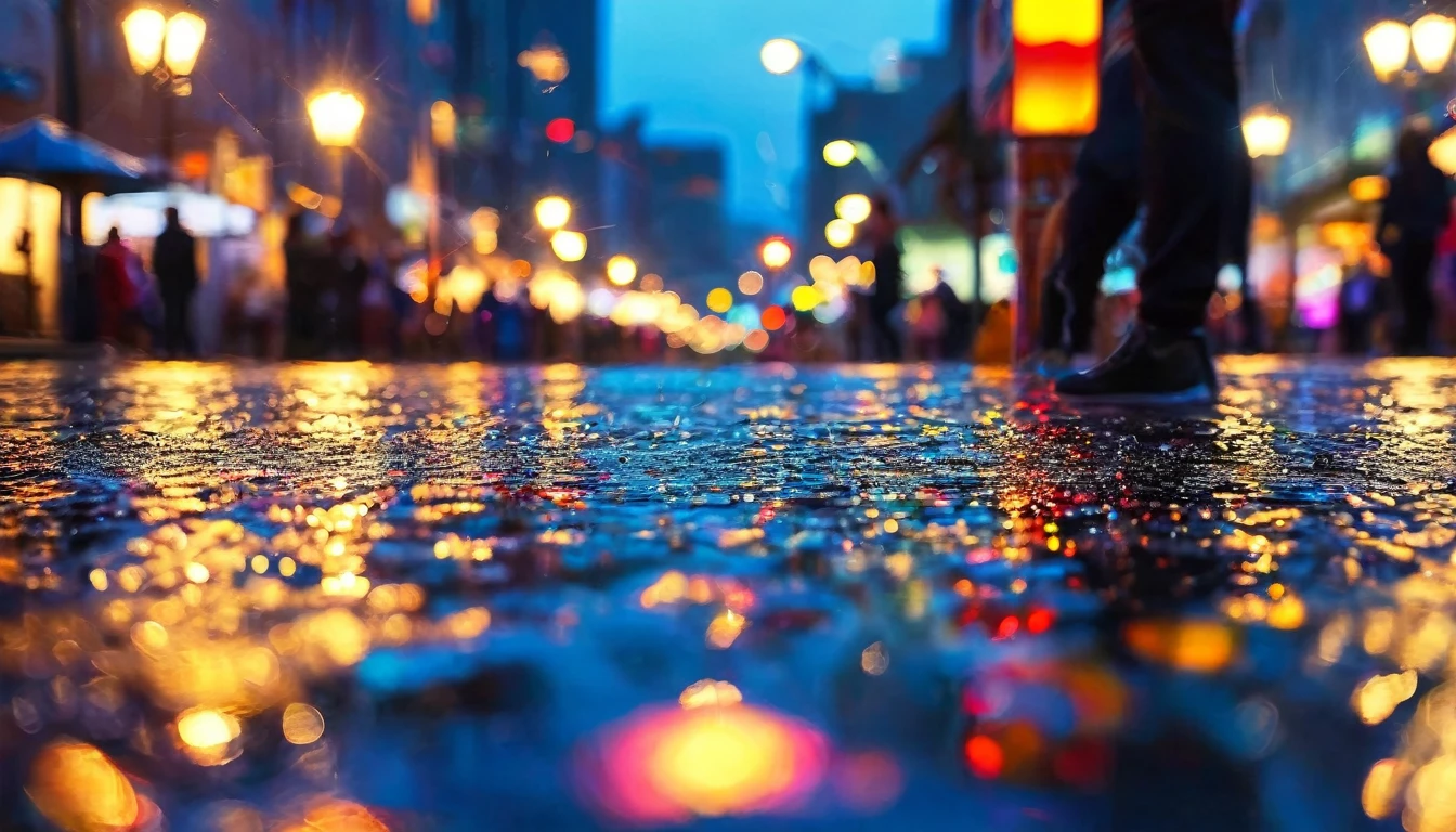 Clear raindrops are visible, creating a beautiful and natural scene. The cityscape in the background is blurred into a stunning bokeh of colorful lights, and the reflections on the wet pavement enhance the dreamlike quality of the evening as dusk settles in.