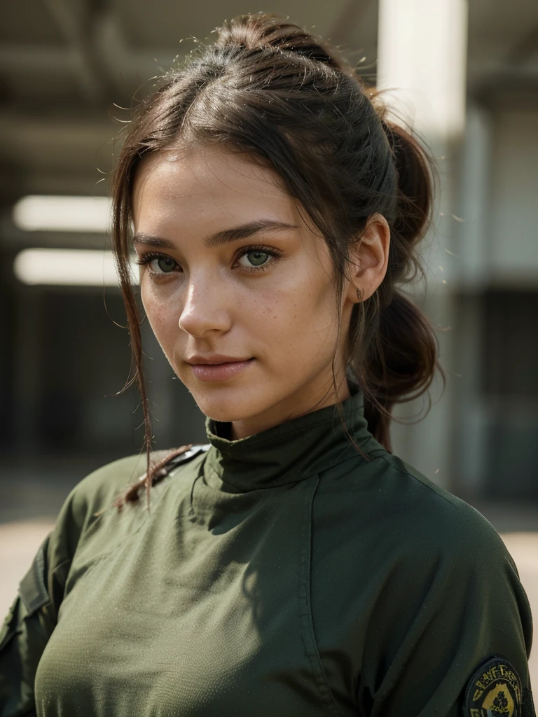 Photorealistic portrait of a 27-year-old French woman with long, wild, wispy black hair and stunning green eyes. The hair is styled in a high, elegant ponytail. Her skin should be natural and freckled. She should have a natural, approachable expression and be lit by a soft, golden light. She should smile. The background should be a military camp. Capture this image with high-resolution 4K photography using an 85mm lens for a flattering perspective. She's wearing green and black tactical clothing.