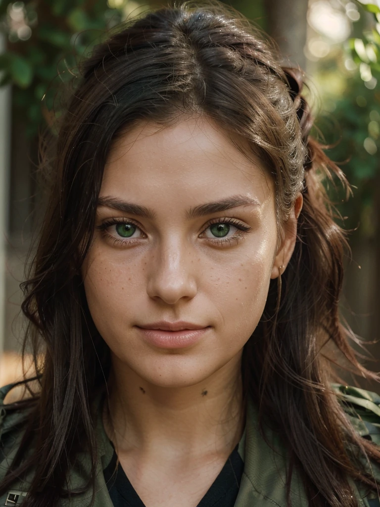 Photorealistic portrait of a 27-year-old French woman with long, wild, wispy black hair and stunning green eyes. The hair is styled in a high, elegant ponytail. Her skin should be natural and freckled. She should have a natural, approachable expression and be lit by a soft, golden light. She should smile. The background should be a military camp. Capture this image with high-resolution 4K photography using an 85mm lens for a flattering perspective. She's wearing green and black tactical clothing.