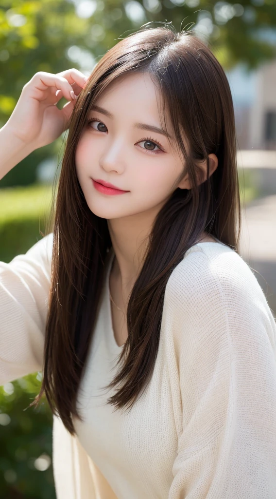 Tabletop, Highest quality, shape, Very detailed, finely, High resolution, 8k wallpaper, 完璧なダイナミックな構shape, Beautiful and exquisite, Nice spring clothes,Beautiful straight hair,Small breasts,Natural color lip, 20-year-old girl、cute、Always blur the background,Perfect and beautiful face,Beautiful and dense face、Slim face and figure,Big eyes、Putting on gal makeup,Actual Photos(Best image quality)、Sexy Face、Fashion model posing、Full Body Shot、smile、Change pose randomly、Randomly change the shooting angle and position、Summer Fashion、Look up at the sky