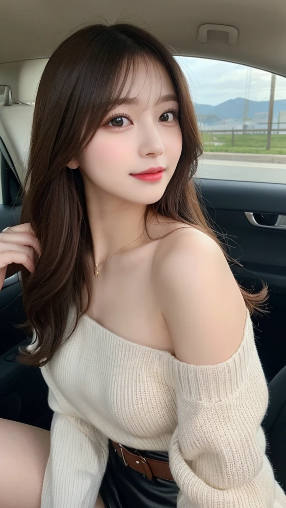 1 person、In detail, High resolution, Highest quality、Beautiful fine details, long hair, Natural color lip、Clear Skin、Shiny Hair、Tabletop, Super detailed, In detail, High resolution, 8K、Cute pose,Beautiful feet,Perfect beautiful face,KPOP idol faces,Ecstatic face、Cute face, smile、Seduce、I can see the valley、thigh boots、leather skirt、Off-the-shoulder sweater、belt、In the car、Side view