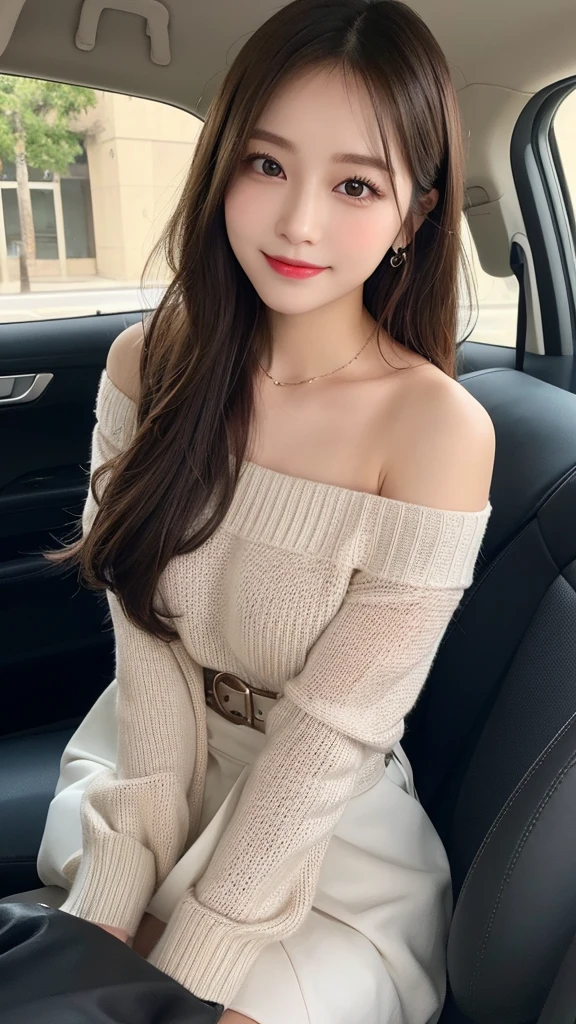 1 person、In detail, High resolution, Highest quality、Beautiful fine details, long hair, Natural color lip、Clear Skin、Shiny Hair、Tabletop, Super detailed, In detail, High resolution, 8K、Cute pose,Beautiful feet,Perfect beautiful face,KPOP idol faces,Ecstatic face、Cute face, smile、Seduce、I can see the valley、thigh boots、leather skirt、Off-the-shoulder sweater、belt、In the car、Side view