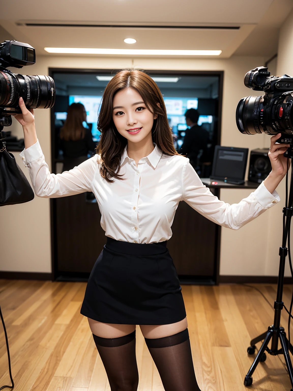 Full body portrait、The most beautiful woman who works as a newscaster、With shiny brown hair、Going out to report、On a white shirt、Black 、black tights、Wearing、Very fascinating.。She is full of confidence々smiled.、To the camera。her fashion and expressions、A perfect balance between cuteness and elegance、It draws the viewer in and doesn't let go.。Through this scene、Express her charm to the fullest。The whole body is visible！！！