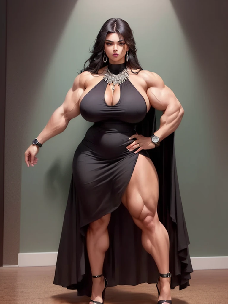 arafa woman posing in a black dress and high heels with a watch in the background, Very beauthful. big muscles, exaggeratedly large physique, huge muscles, huge muscles, muscular girl, muscular ultraviolent woman, big muscles, big muscles, feminine and muscular, powerful and huge, strong and imposing, big muscle, exaggerated physique, muscular and scary