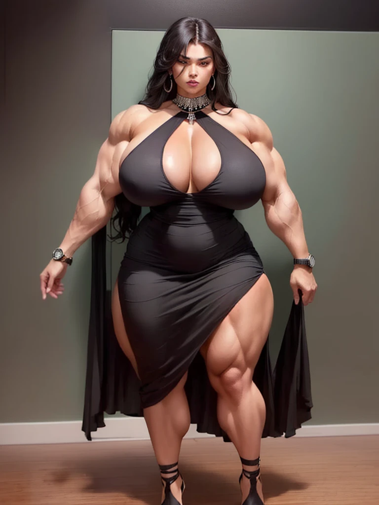 arafa woman posing in a black dress and high heels with a watch in the background, Very beauthful. big muscles, exaggeratedly large physique, huge muscles, huge muscles, muscular girl, muscular ultraviolent woman, big muscles, big muscles, feminine and muscular, powerful and huge, strong and imposing, big muscle, exaggerated physique, muscular and scary