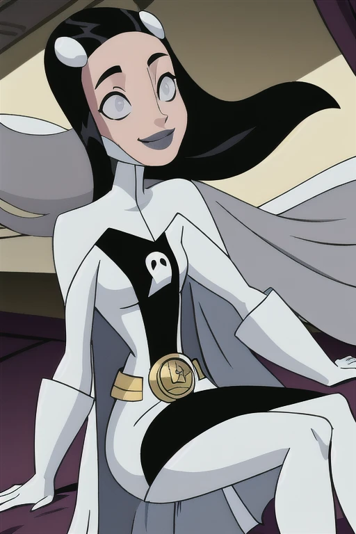 Phantom girl, Tinya Wazzo, solo, girl1, long black hair, bodysuit. grey eyes, smile, grey lips, belt, white cape, white gloves, best quality, masterpiece, cowboy shot, sitting, bedroom