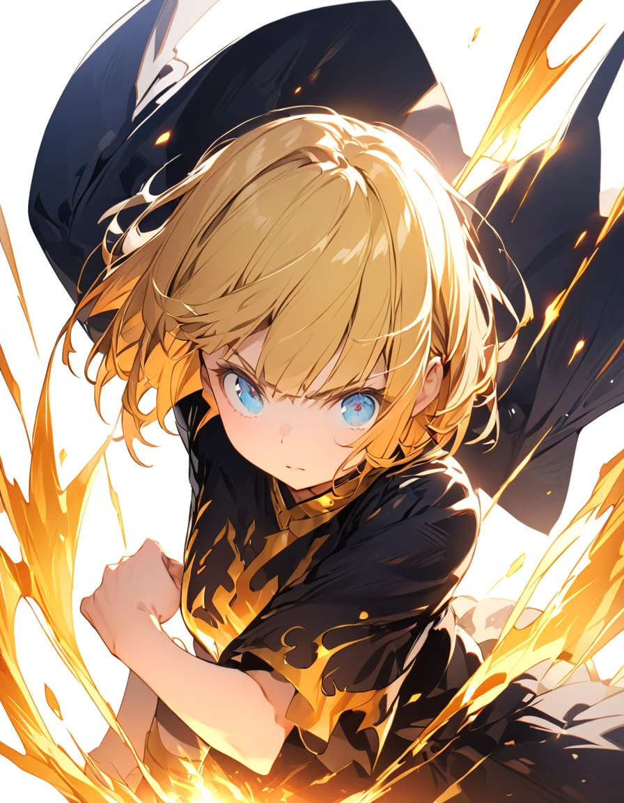 A masterpiece of ultra-precise description of a girl fighting with golden flames (Short Bob Hair:1.4),(blue eyes)Fighting pose Golden flames rise all over