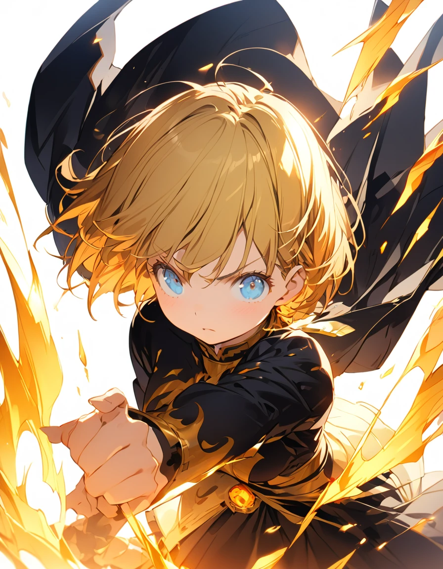 A masterpiece of ultra-precise description of a girl fighting with golden flames (Short Bob Hair:1.4),(blue eyes)Fighting pose Golden flames rise all over